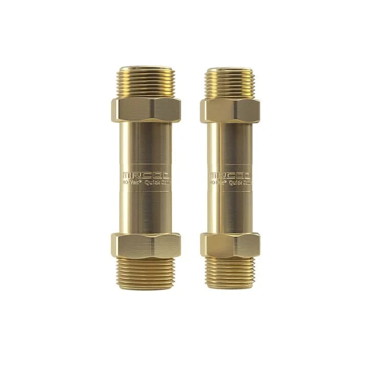 MRCOOL 3/8 and 3/4 No-Vac couplers for extending pre-charged refrigerant line sets, compatible with R-410A and R-454B ducted systems