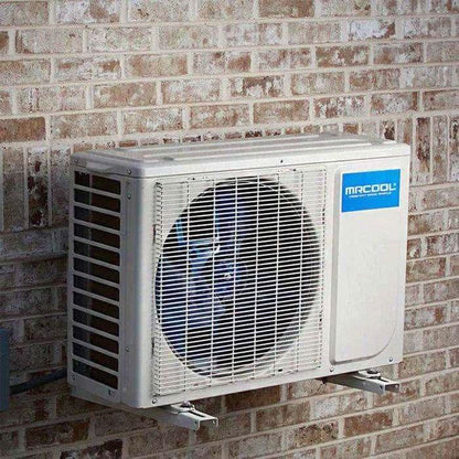 MRCOOL ductless mini split condenser mounted on exterior wall using wall mount bracket for elevated outdoor installation