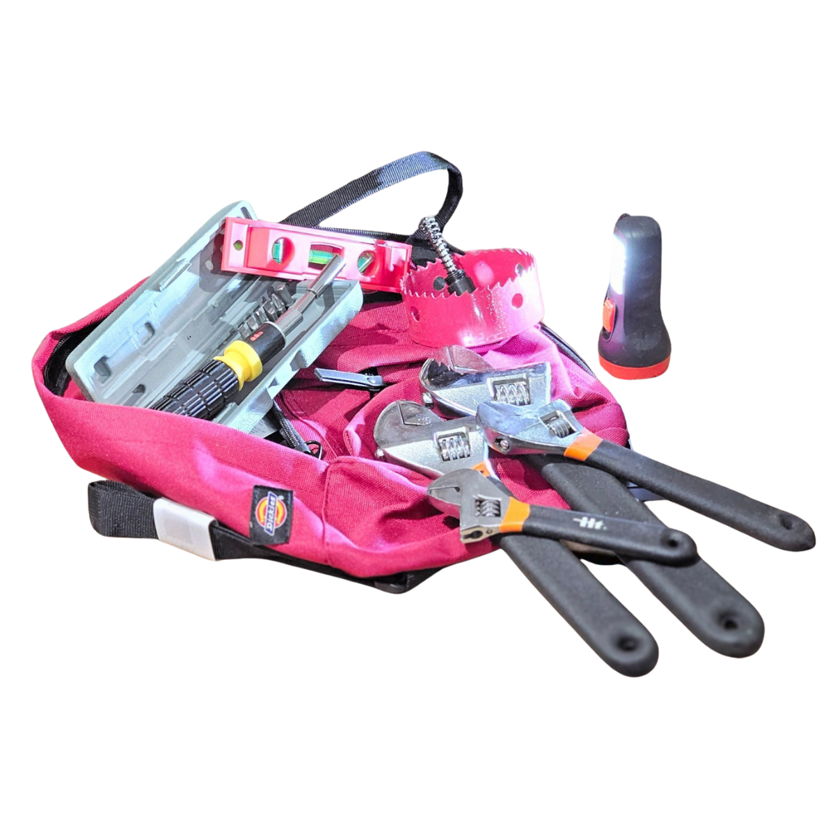 MRCOOL mini split installation tool kit with adjustable wrenches, screwdriver set, level, flashlight, and tool bag for HVAC installs