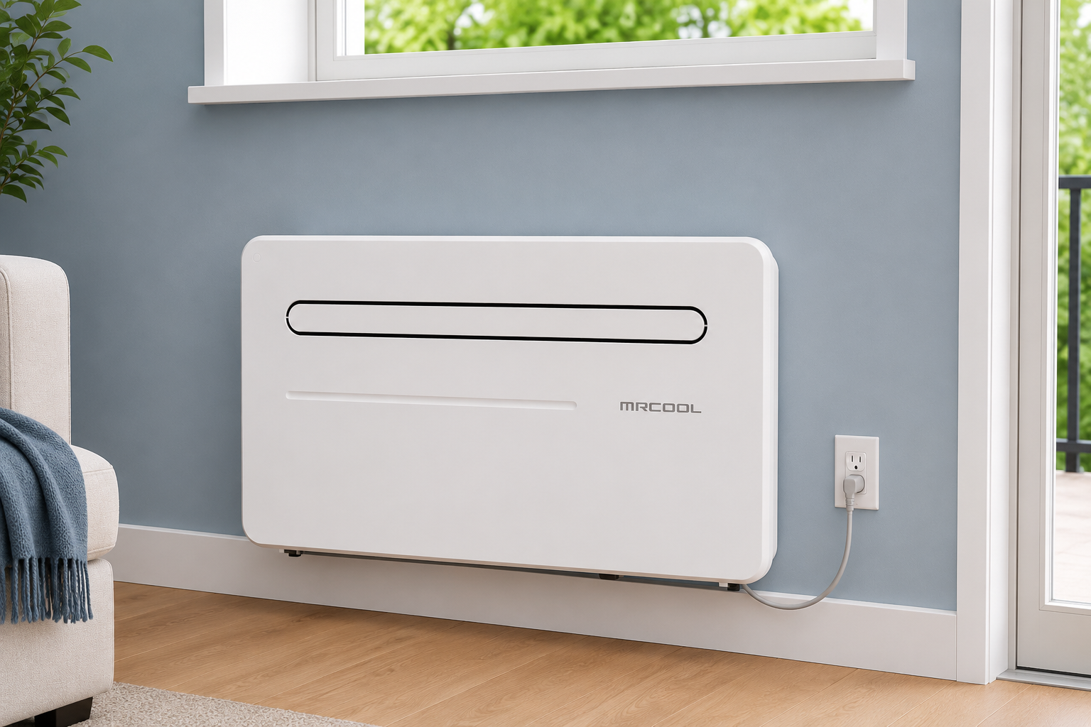 MRCOOL Monoblock through-wall heat pump installed in a modern room without an outdoor condenser unit.