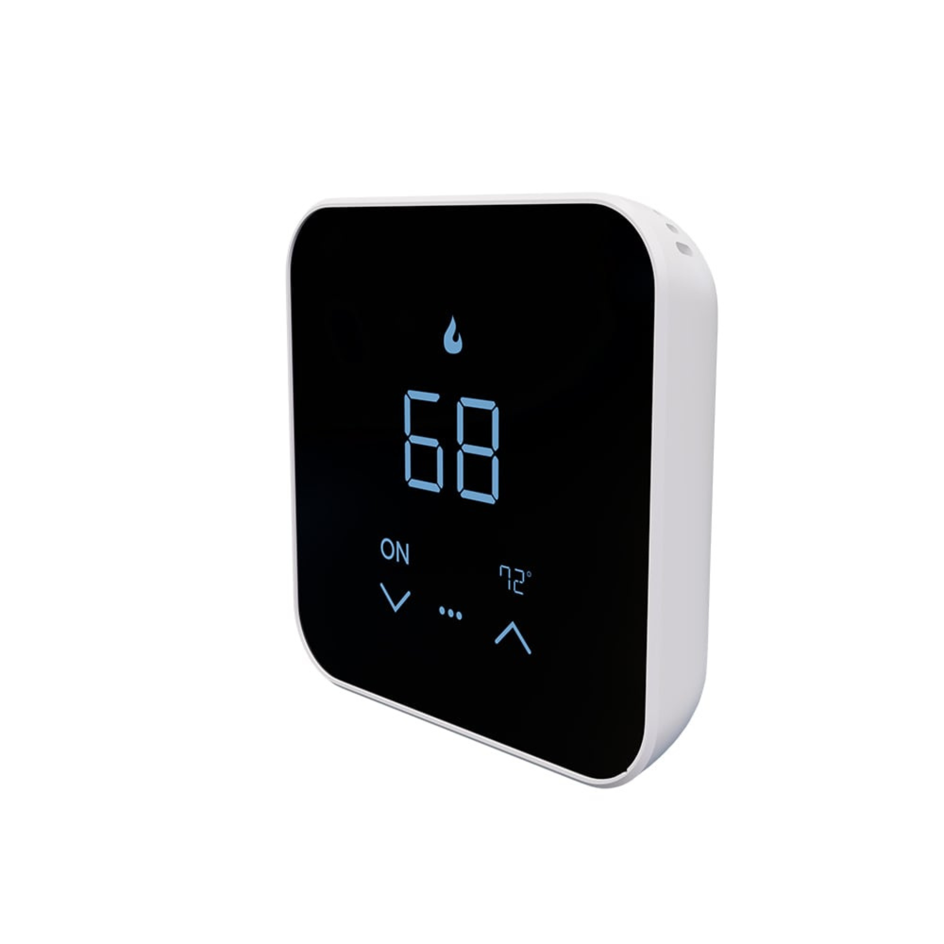 Angled view of MRCOOL MST07 programmable smart thermostat with Alexa and Google Assistant compatibility
