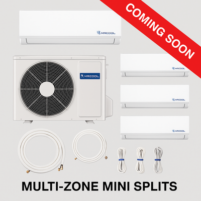 MRCOOL multi-zone mini split system with indoor units, outdoor condenser, and pre-charged line sets displayed with a red 