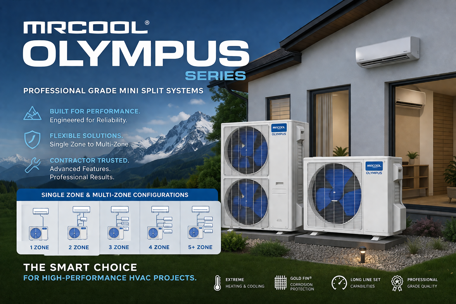 MRCOOL Olympus Series professional grade mini split HVAC systems with outdoor condensers and indoor air handlers for single zone and multi zone applications