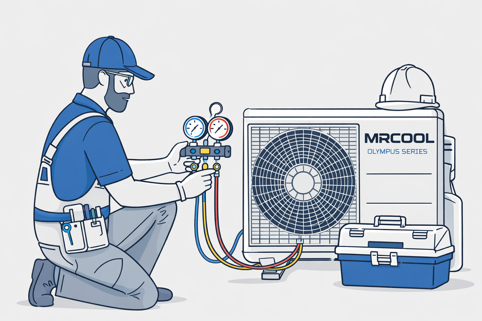 Professional HVAC technician performing vacuum evacuation and commissioning on an MRCOOL Olympus Series mini split condenser for single-zone and multi-zone non-DIY installation.