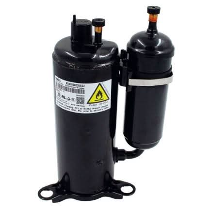 Side view of the MRCOOL 120V DC inverter rotary compressor, showcasing its compact design, energy-saving technology, and compatibility with MRCOOL DIY heat pumps.