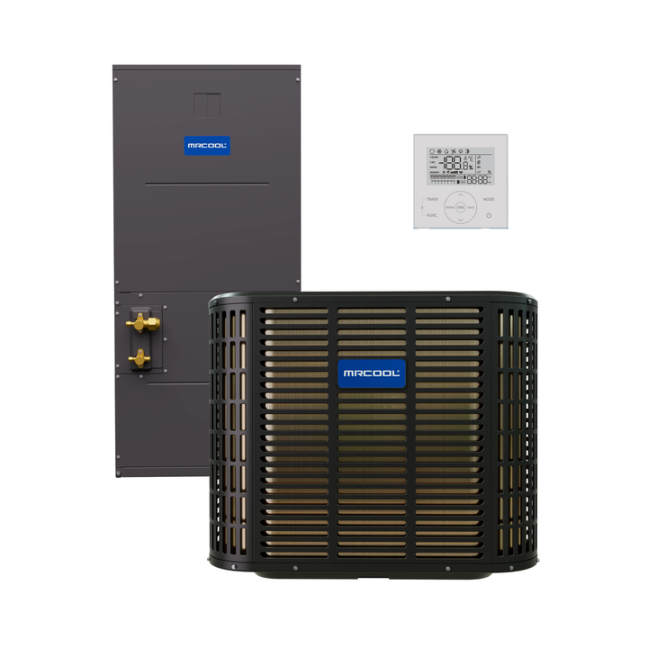 MRCOOL Signature Series TruInverter 36K 3 ton heat pump system with air handler condenser and thermostat