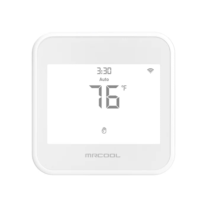 Close-up view of MRCOOL Smart Thermostat with touchscreen controls and compact design for efficient heating and cooling.