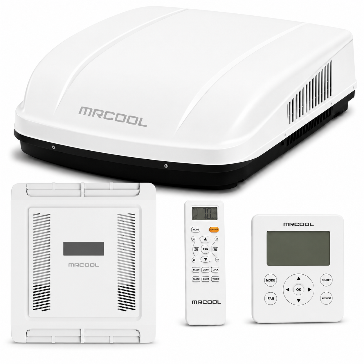 TravelCool complete RV air conditioner system with white rooftop unit and ducted ceiling assembly