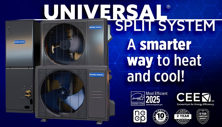 MRCOOL Universal 2nd Gen central ducted heat pump system showing condenser and air handler for whole home HVAC installation