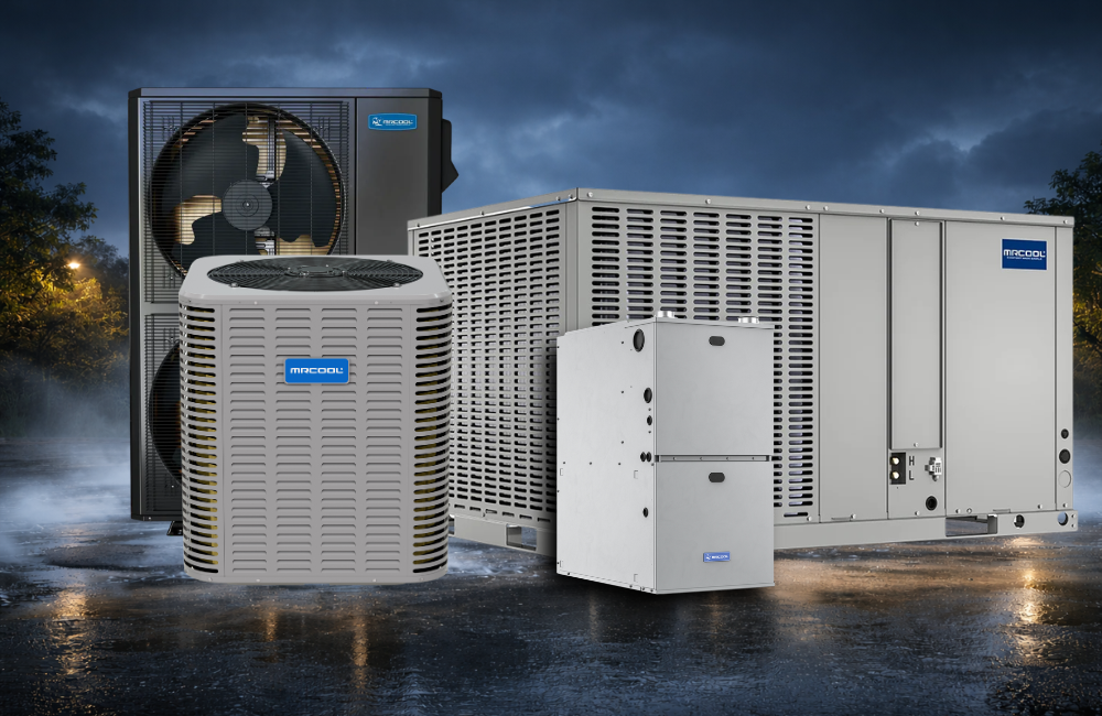 Professional HVAC equipment including package units and traditional side discharge air conditioning systems for residential and commercial applications