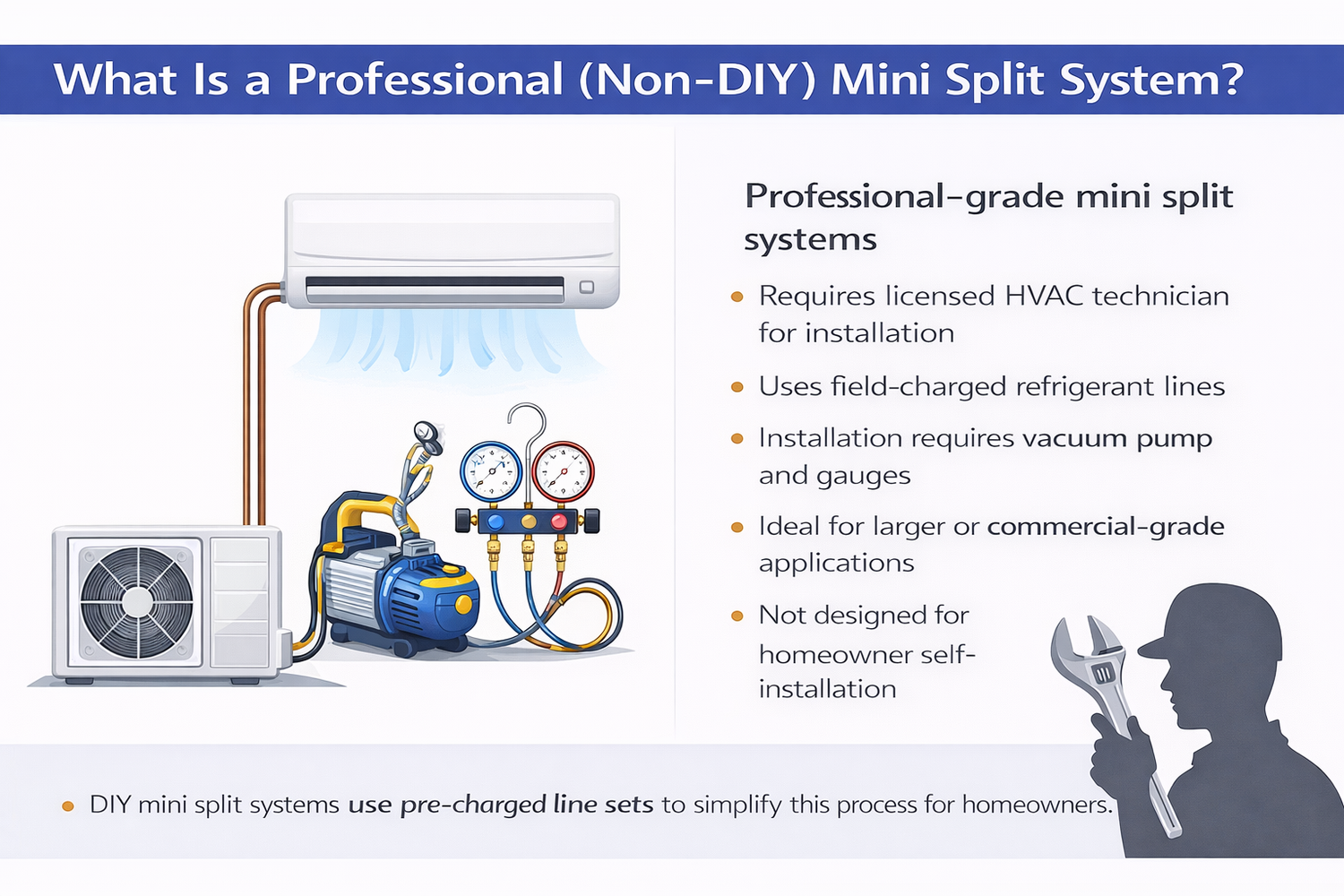 Diagram showing a professional-grade mini split system requiring an HVAC technician, vacuum pump, and refrigerant charging during installation.