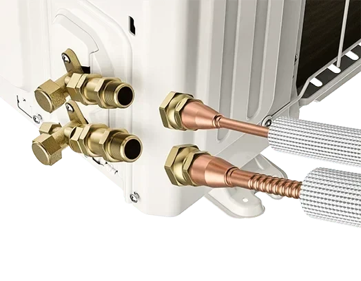 MRCOOL R-454B No-Vac Line Set installed with Universal 2nd Gen heat pump and Cased A-Coil, showing quick-connect fittings and secure DIY coupler attachment