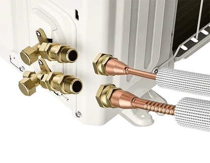 MRCOOL R-454B No-Vac Line Set installed with Universal 2nd Gen heat pump and Cased A-Coil, showing quick-connect fittings and secure DIY coupler attachment