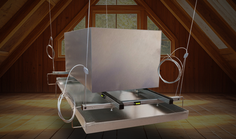 RAD REH66 HVAC equipment hanger shown supporting a horizontal air handler and secondary drain pan