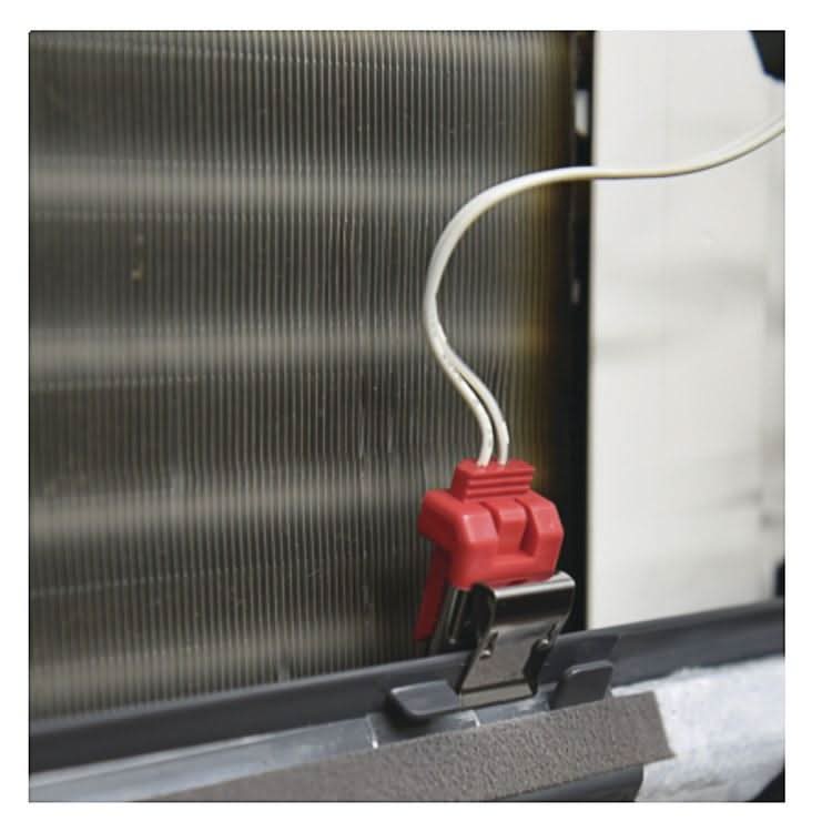 RectorSeal 97622 condensate overflow safety switch installed on mini split evaporator coil drain pan for water damage protection