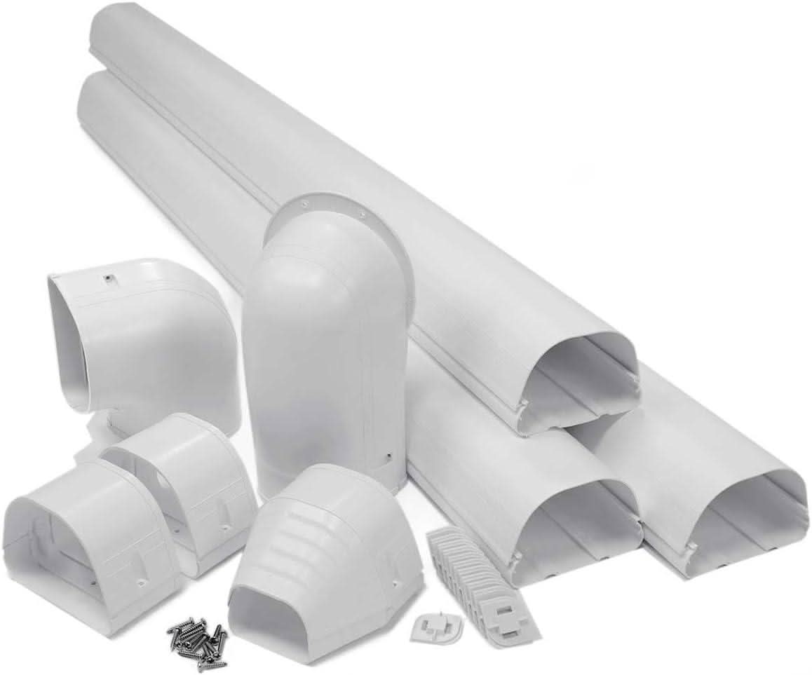 RectorSeal Fortress 84105 4.5 inch white line set cover kit with duct sections, couplers, wall inlet, end fitting, and 90 degree elbow for HVAC installations