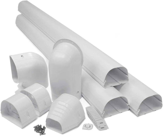 RectorSeal Fortress 84105 4.5 inch white line set cover kit with duct sections, couplers, wall inlet, end fitting, and 90 degree elbow for HVAC installations