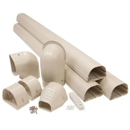 RectorSeal Fortress 84125 4.5 inch mini split line set cover kit in ivory tan beige color with duct sections, elbows, couplings, and installation fittings