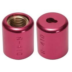 Close-up of pink Novent 86682 R410A HVAC locking refrigerant caps with anodized aluminum shroud