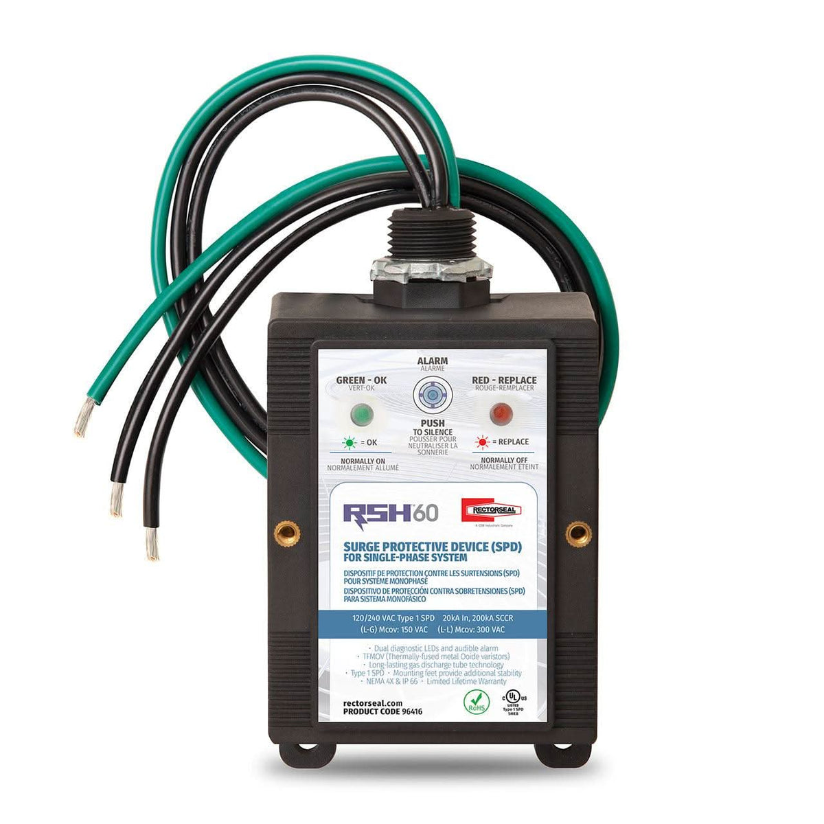 RectorSeal RSH-60 Type 1 HVAC surge protector for 120/240V single-phase systems with NEMA 4X weatherproof enclosure