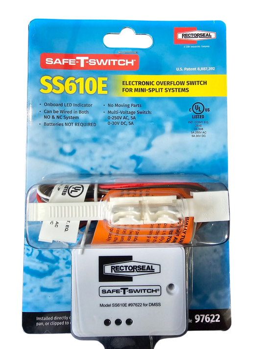 Rectorseal SS610E condensate overflow switch for mini-split air conditioner systems, multi-voltage drain line safety sensor to prevent water damage