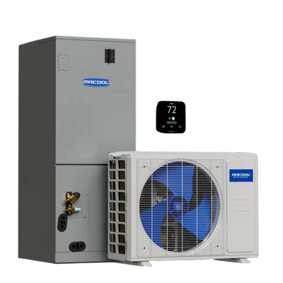 residential central heat pump HVAC system with outdoor condenser indoor unit and wall thermostat