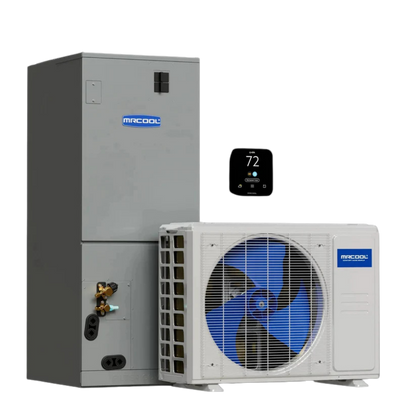 residential central heat pump HVAC system with outdoor condenser indoor unit and wall thermostat