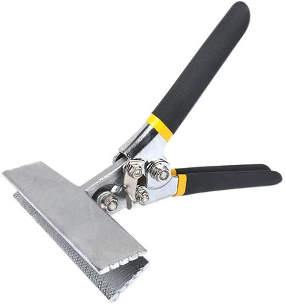 A heavy-duty all-steel tool with black handles featuring a flat, rectangular gripping surface with serrated edges. Likely a High Quality Sheet Metal Hand Seamers - Multiple Sizes Available by Perma Cover, it's used for bending, seaming, and flattening sheet metal. The tool boasts a shiny silver finish with yellow accents.