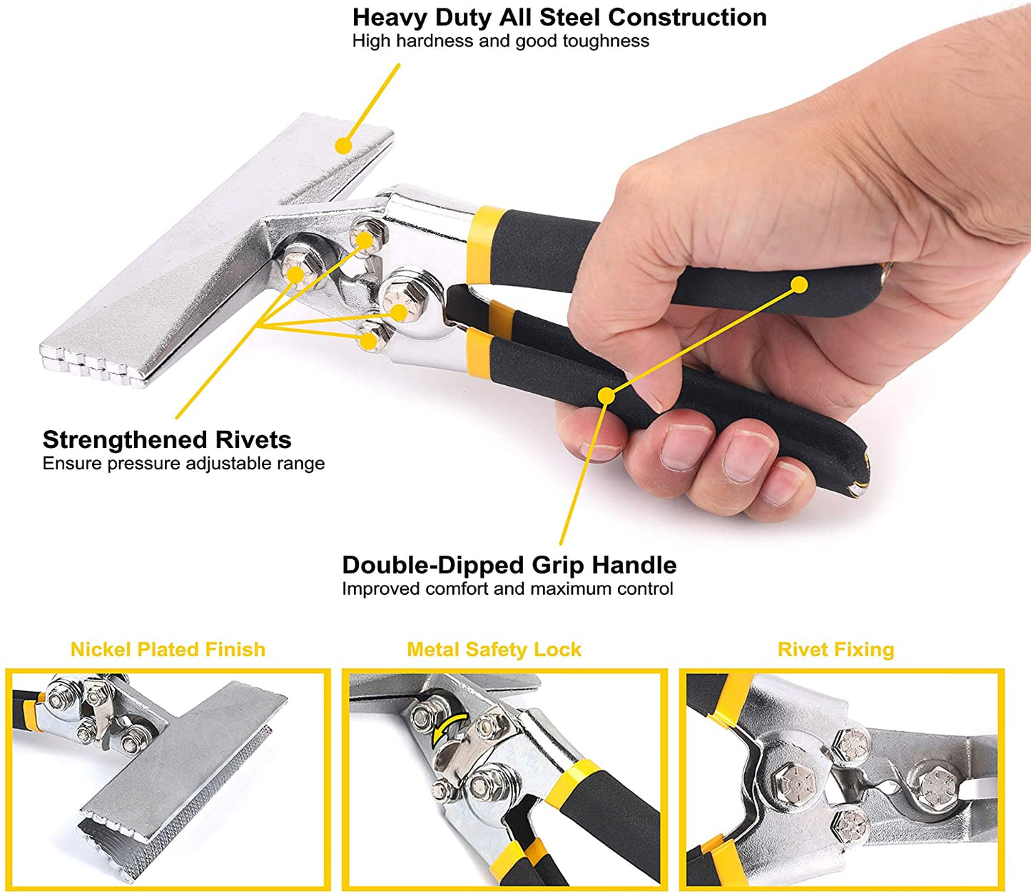 A hand holds a Perma Cover High Quality Sheet Metal Hand Seamers - Multiple Sizes Available with rubber grips. Text points to features: "Heavy Duty All Steel Construction," "Strengthened Rivets," "Double-Dipped Grip Handle," "Nickel Plated Finish," "Metal Safety Lock," and "Rivet Fixing." Insets show close-ups of the seamer parts, ideal for bending.