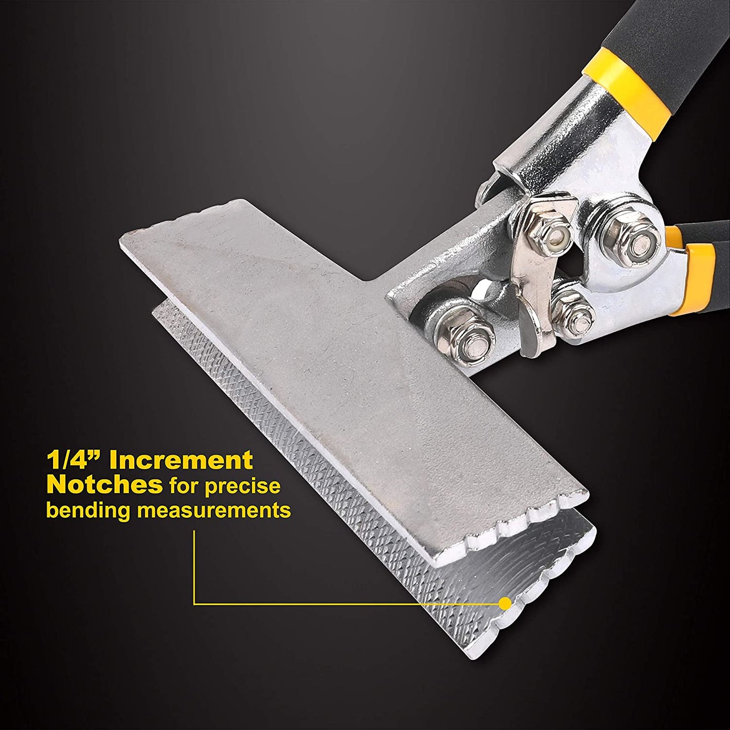 A close-up view of a Perma Cover High Quality Sheet Metal Hand Seamers - Multiple Sizes Available with black and yellow handles. The heavy-duty all-steel tool features a notched metal bar marked with "1/4" Increment Notches for precise bending measurements" in yellow text, highlighting the evenly spaced notches for precision. Ideal for sheet metal hand seamers.