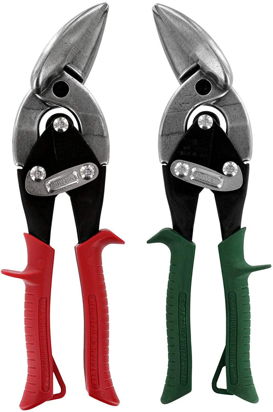 Image of two Perma Cover MIDWEST Aviation Tin Snips - Offset Tin Cutting Shears - High Quality, Combo Pack with black blades perfect for sheet metal cutting. The snip on the left has red handles, while the snip on the right has green handles. The snips, made from high tensile strength steel, have the brand name "Perma Cover" written on the handles and metal part.