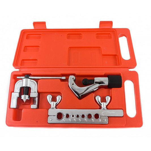 Standard 45-degree flaring kit with copper tube cutter, reamer tool, and plastic toolbox