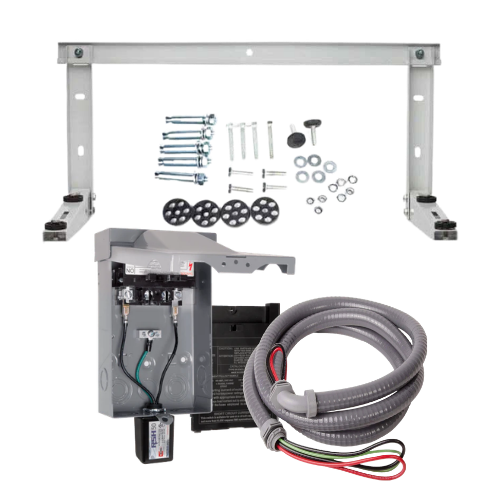 Complete wall mount condenser installation kit for 24k BTU and larger systems, including heavy-duty bracket, disconnect box, electrical whip, and surge protection.
