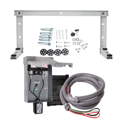 Complete wall mount condenser installation kit for systems up to 18k BTU, including bracket, disconnect box, electrical whip, and HVAC surge protector.