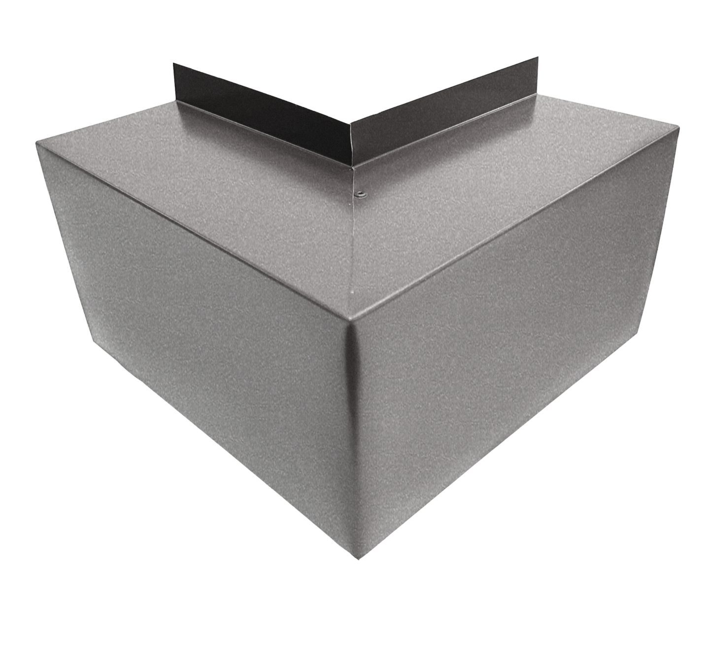 A gray metal box with a triangular, pointed base and a flat top, featuring a vertical seam along the middle. Made from durable 24 gauge steel elbows, the top edges have additional angled metal flaps extending upwards for easy installation. The background is white. This is the Perma Cover Commercial Series - 24 Gauge Line Set Cover Outside Corner Elbows - Premium Quality.