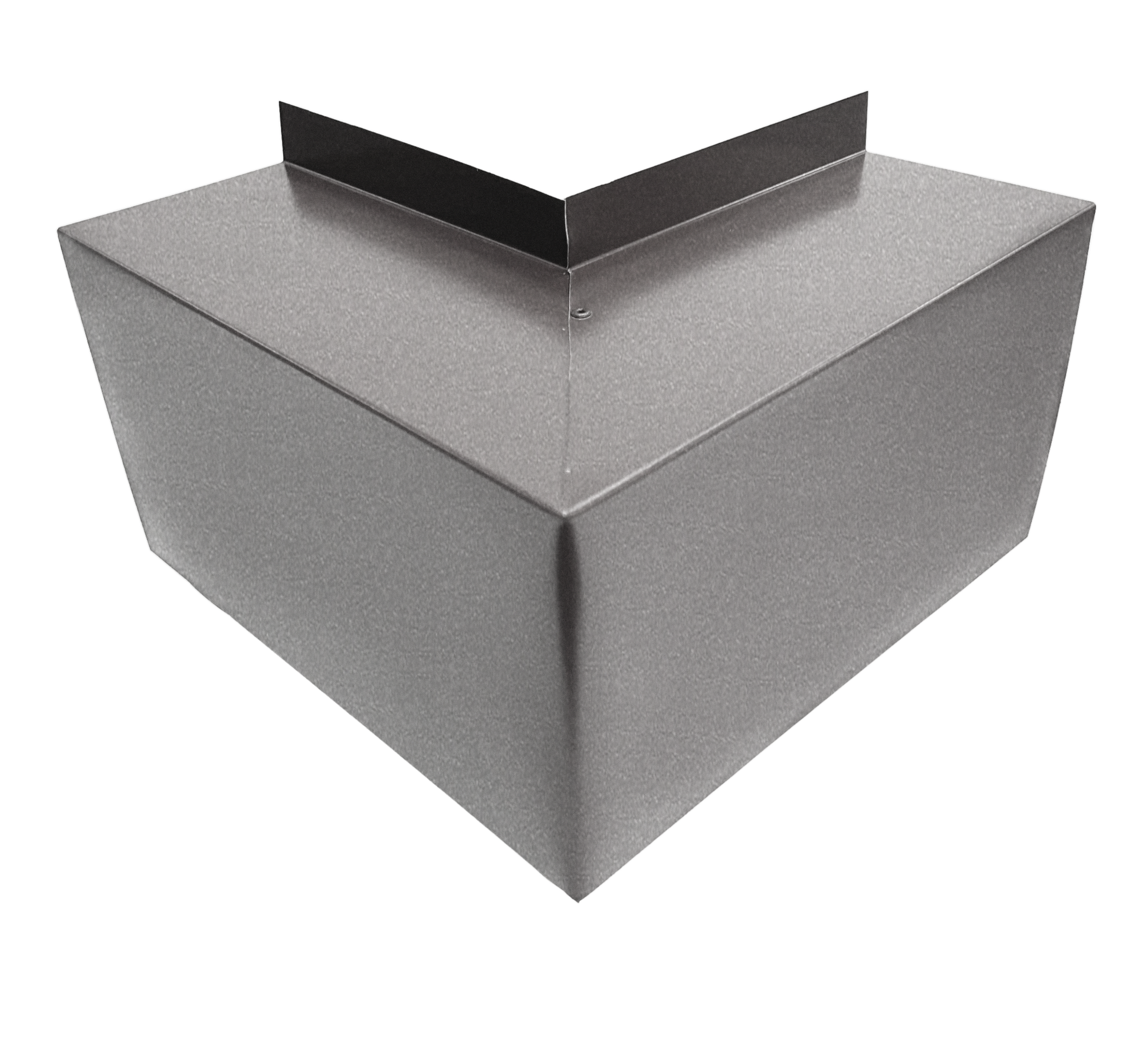 A gray metal box with a triangular, pointed base and a flat top, featuring a vertical seam along the middle. Made from durable 24 gauge steel elbows, the top edges have additional angled metal flaps extending upwards for easy installation. The background is white. This is the Perma Cover Commercial Series - 24 Gauge Line Set Cover Outside Corner Elbows - Premium Quality.
