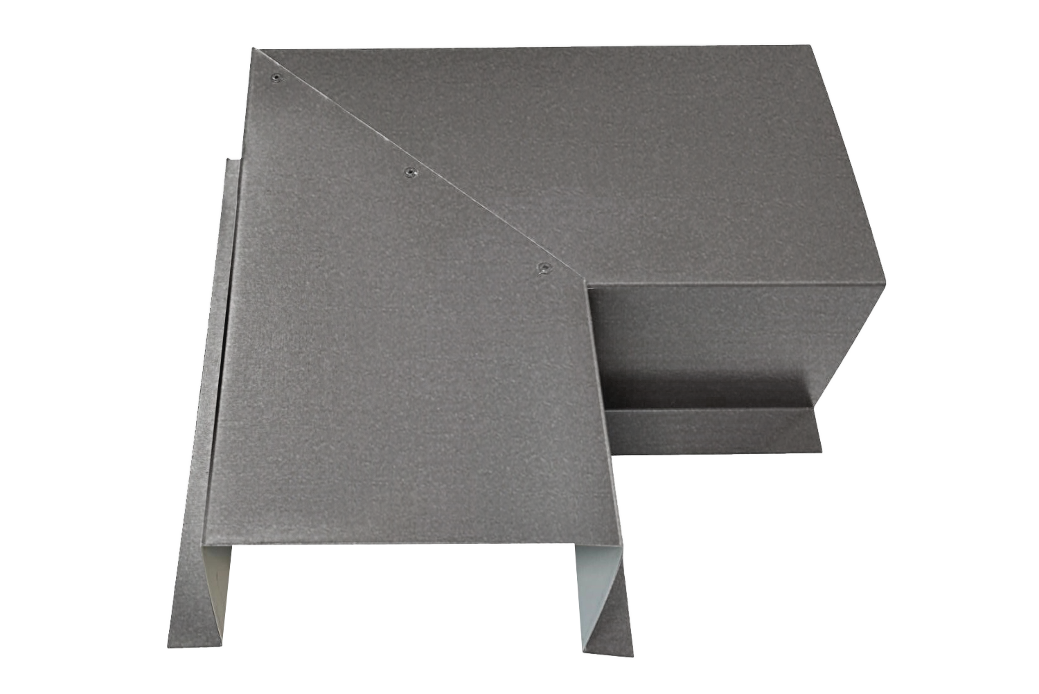 A gray metal corner piece appears in the image, consisting of flat planes and right-angled bends. Made from premium quality 24 gauge steel, the piece features a combination of horizontal, vertical, and diagonal surfaces, and seems to be a component used in construction or fabrication. This is the Perma Cover Commercial Series - 24 Gauge Line Set Cover Side Turning Elbows - Premium Quality.