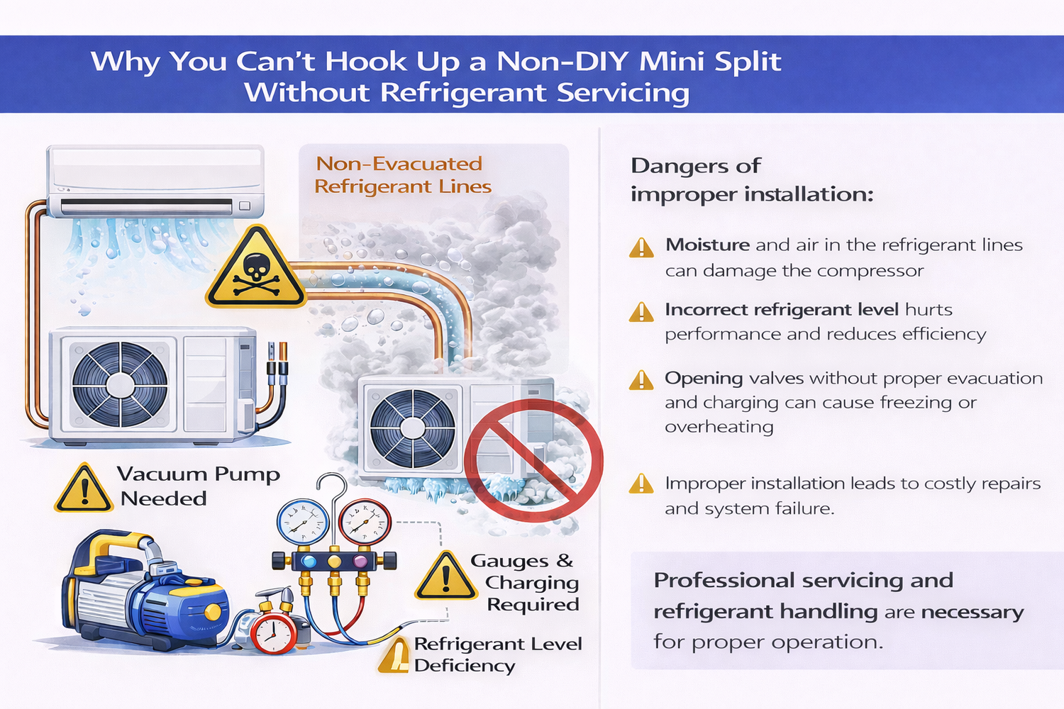 Diagram explaining why non-DIY mini split systems require vacuum evacuation and refrigerant charging before operation.