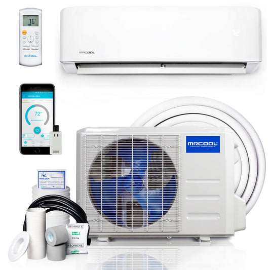 Advantage system components including an indoor wall-mounted ductless MRCOOL Advantage 4G 24,000 BTU 18 SEER mini split air conditioner, an outdoor Advantage compressor, remote control, and a smartphone showing temperature settings, displayed on a white background.