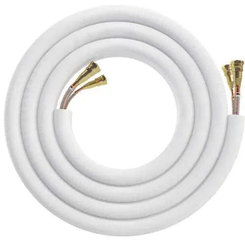 Coiled white MRCOOL DIY Pre-Charged Linesets with brass fittings against a neutral background by MRCOOL DIY Direct.