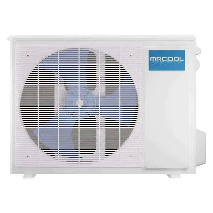 An outdoor MRCOOL DIY Single Zone Mini Split by Square Feet air conditioner with a prominent fan behind a protective grille and the company's logo on the right side, mounted against a white background.