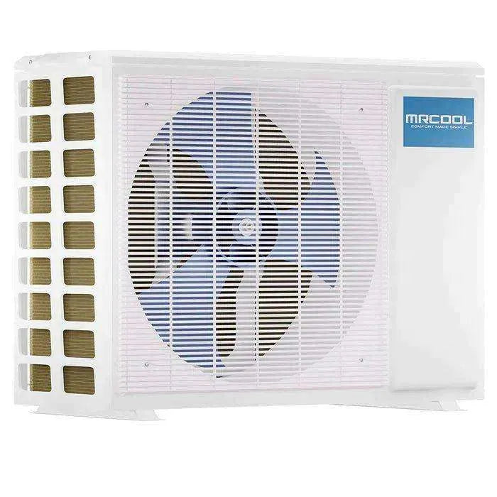 An outdoor Pick Your MRCOOL DIY Single Zone Mini Split by Square Feet, featuring a white casing with a large central fan and multiple ventilation grids on the sides.