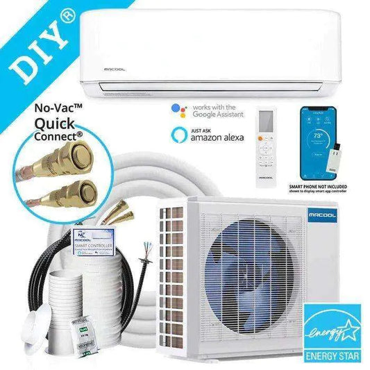 Image of a Pick Your MRCOOL DIY Single Zone Mini Split by Square Feet by MRCOOL DIY Direct with indoor and outdoor units, remote control, and various connection accessories. Compatible with Google Assistant and Amazon Alexa. Energy Star certified.