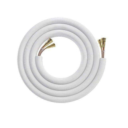 A 25' Install Kit for 24k/36k with cable for Gen 4 DIY or Easy Pro Systems - 25 Foot Pre-Filled Line Set With Wire and 2 Couplers from MRCOOL DIY Direct, coiled white insulated copper pipe with brass fittings on both ends, designed for use in air conditioning or refrigeration systems. The pre-charged line set is neatly wound in a circular shape, making it ideal for Mr. Cool Mini Split installations.
