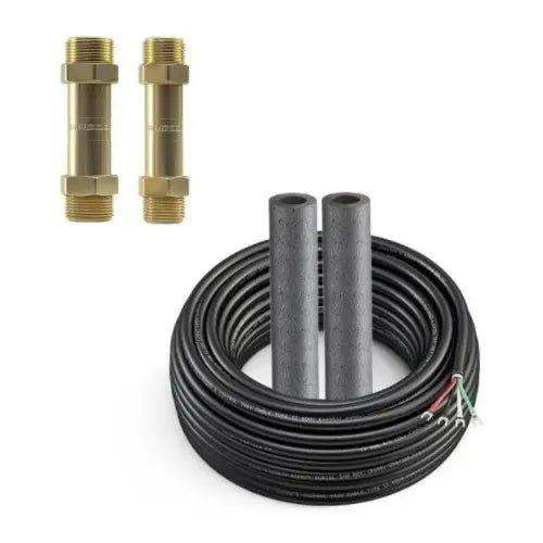A coiled black hose with red and green wiring and two metallic brass quick-connect connectors on a white background from MRCOOL DIY Direct.