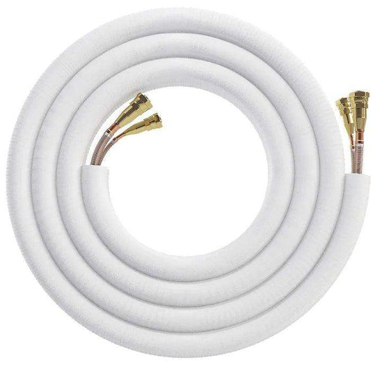 A MRCOOL DIY Direct coiled white hose with brass fittings against a solid background, ideal for mini split ac installations.