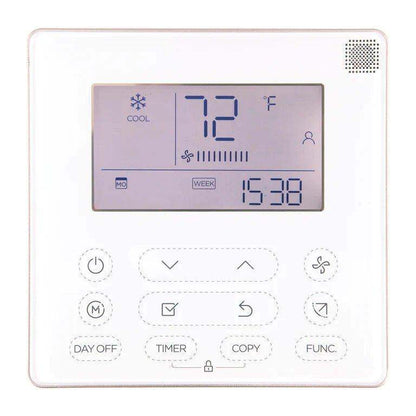 MRCOOL DIY Direct programmable digital thermostat displaying a room temperature of 72 degrees Fahrenheit with various control settings visible for heating and cooling.