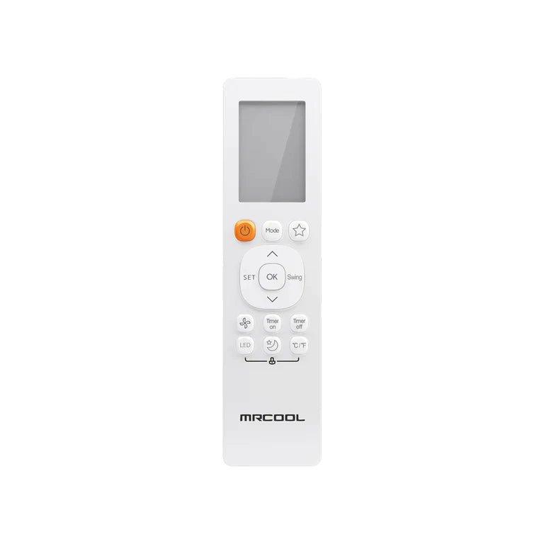 A white MRCOOL DIY Direct remote control with an LCD display and multiple control buttons, including power, mode selection, temperature adjustment, and heating and cooling near me.
