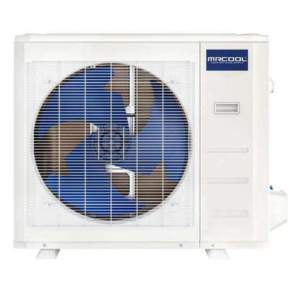 A white MRCOOL DIY Direct branded outdoor air conditioner unit with a prominent circular fan visible behind a protective grille, offering efficient air conditioner solutions.