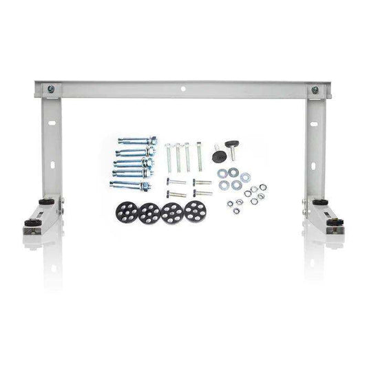 An unassembled MRCOOL Condenser Wall Bracket for 24K & 36K BTU Ductless Split Systems (MB440A) with various hardware components such as screws, washers, bolts, and mounting accessories for HVAC systems neatly arranged against a white background.